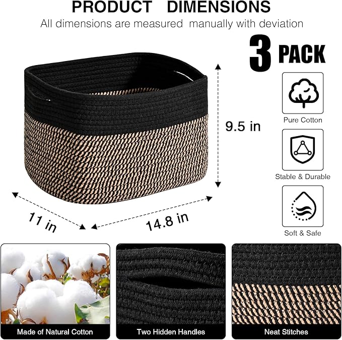 Storage Baskets for Organizing Shelves, Woven Cotton Rope Bins for Organization, Dog Toy Organizer for Shelf Living Room Bedroom, 14.8"×11"×9.5", Pack of 3, Black & Jute