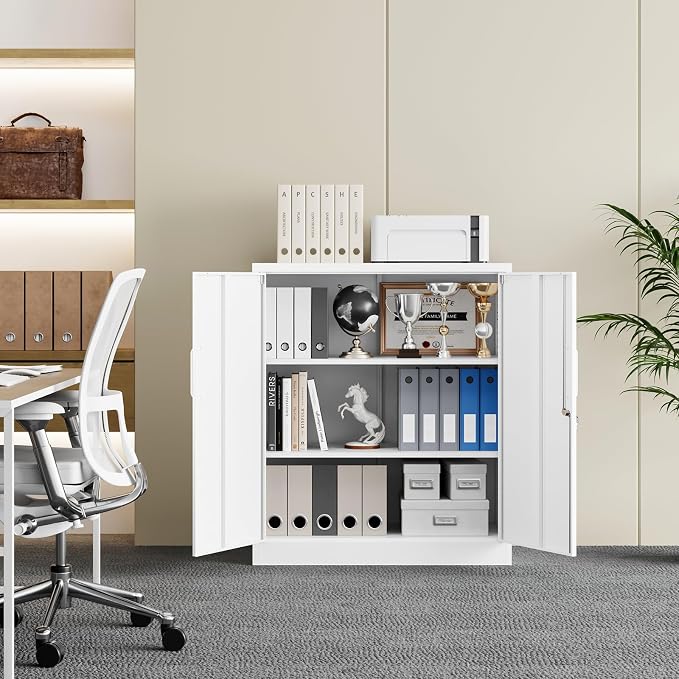 Metal Garage Storage Cabinet with 2 Doors and 2 Adjustable Shelves - 35.5" Steel Lockable File Cabinet for Home Office,Garage,Gym,School (White)