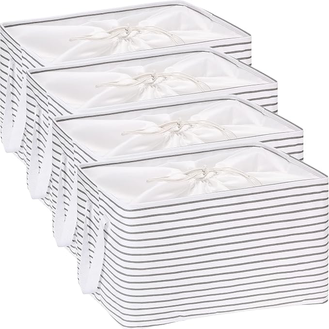 Hinwo 102L XXL Canvas Storage Bin with Lid and Handles, 4-Pack | Collapsible Fabric Baskets, Closet Shelf Organizers, Containers for Clothing, Blankets, Toys, Bedding (Gray Stripe)