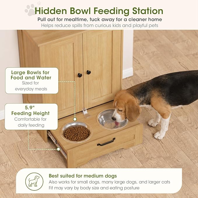 Dog Cabinet, Dog Feeding Station with Hidden Pull-Out Feeder, Oak | 5.9" Elevated Feeding Height, 2 Stainless Steel Bowls, Adjustable Shelf, 3 Side Hooks, Dog Food Storage Organizer