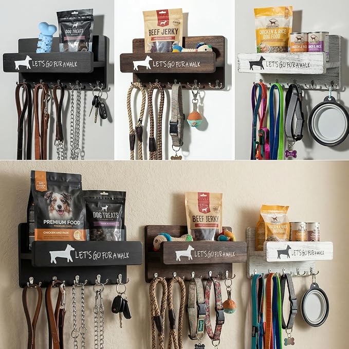 Wood Dog Leash Holder for Wall, Key Hanger with 5 Double Key Hooks | Dog Leash Hanger Wall Mounted for Entryway, Farmhouse Treats,35cm,Brown