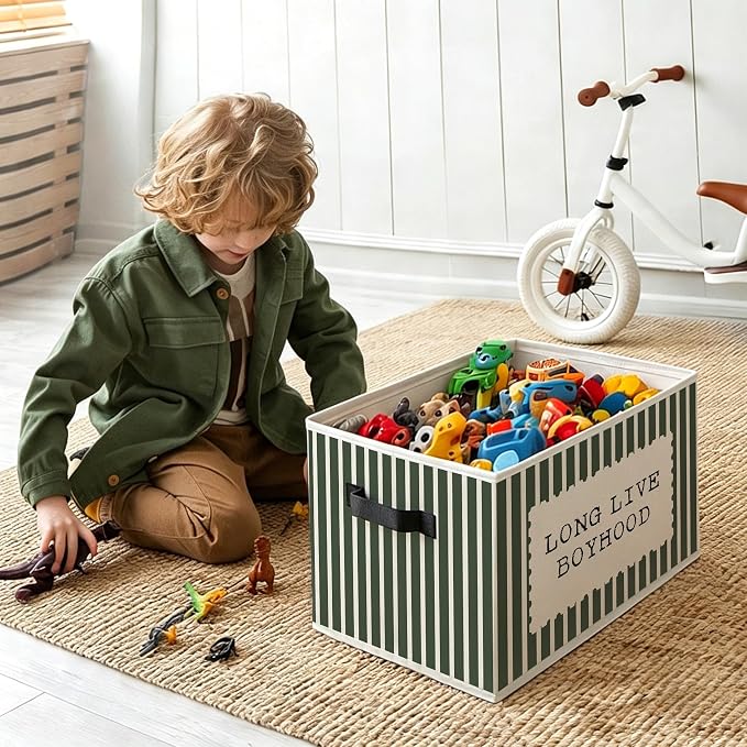Kids Boy Nursery Foldable Storage Bins Box with Handles, Dark Green Striped Long Live Boyhood Decorative Storage Boxes Baskets Toybox Organizer for Kids Boy Nursery Room Bedroom Playroom