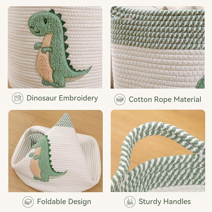 Dinosaur Toy Storage Basket for Toddlers Boys Dinosaur Room Decor, Medium | Cotton Rope Baby Hamper with Dinosaur Embroidery Toys Storage Organizer for Stuffed Animals, Books, Blankets 12" x 12"