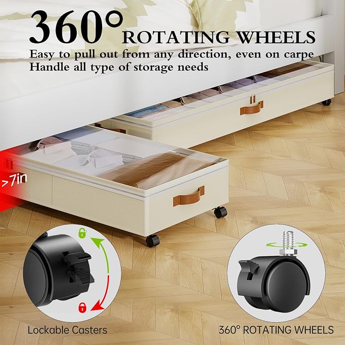 Yecaye 85 L Under Bed Storage with Wheels, 2 Pack Under Bed Storage Containers with Adjustable Dividers & Lids, Large Rolling Underbed Organizer Bins Drawers for Clothes, Shoes, Blankets Toys, Beige