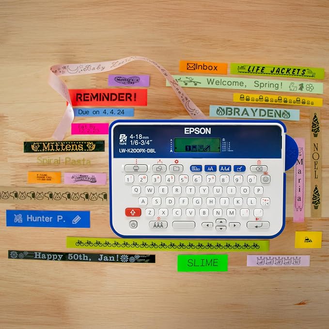 LABELWORKS Epson LW-K200PX-DBL Simple Labeler Bundle - QWERTY Label Makers and Black on Clear Matte Label Tape