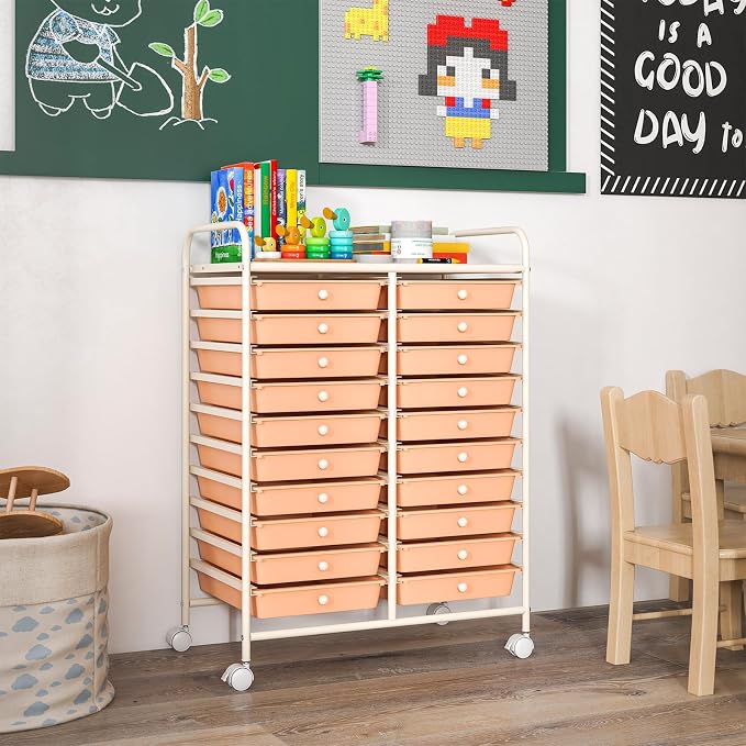 20 Drawer Rolling Storage Cart, Art Cart Organizer with Wheels for Makeup, Tool, Paper, Multipurpose Craft Storage Cart with Drawers for Office, Home, Classroom, School (Peach)