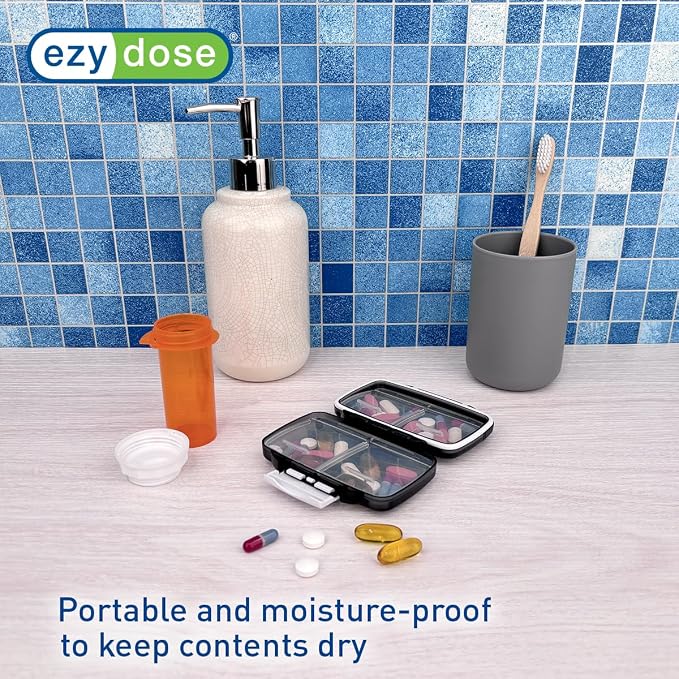 Ezy Dose Moisture-Proof Travel Pill Case, 4 Compartments, Black, Small | Moisture-Proof Pill Case, Medicine Planner, Vitamin Organizer Box, Travel-Friendly, Latch-Closure to Secure Contents