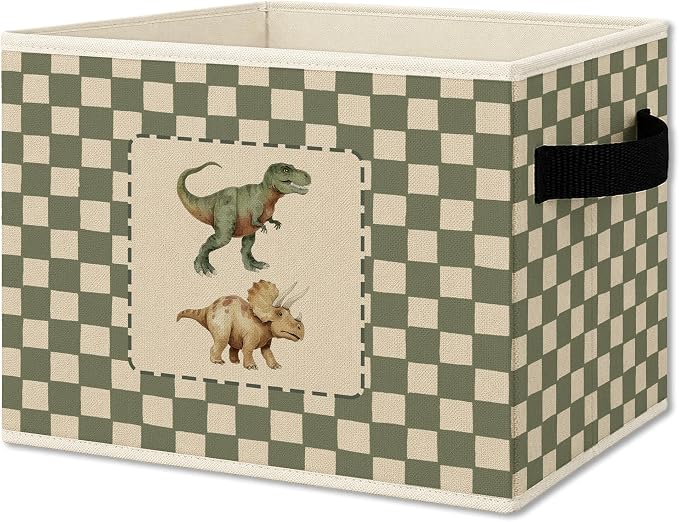 Kids Playroom Dinosaur Cube Storage Bins with Handles, Dinosaur Nursery Checkered Collapsible Fabric Storage Basket Boxes Books Clothes Organizer for Kids Boys Room Bedroom Bathroom