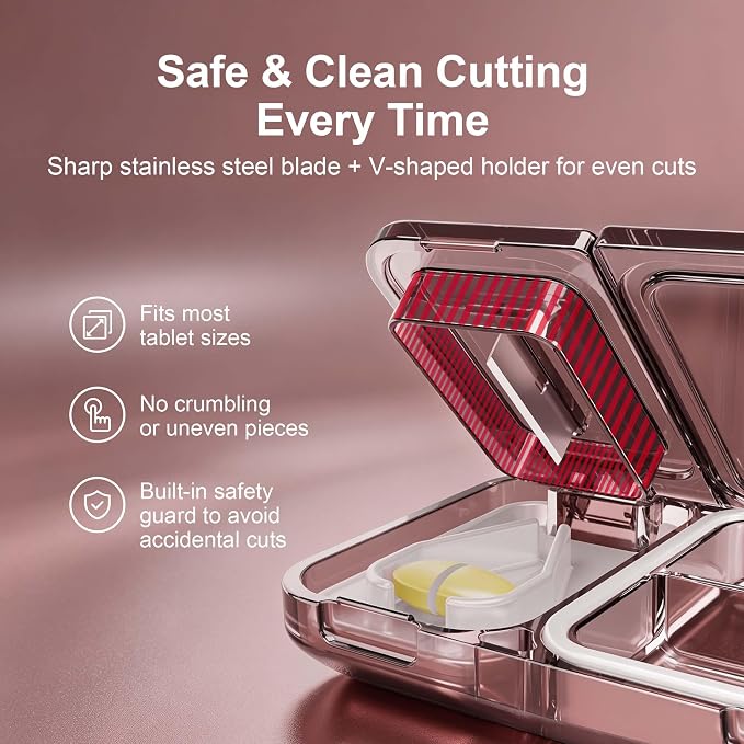 2-in-1 Pill Cutter and Splitter with Pill Organizer, Airtight Moisture-Proof Pill Case, Stainless Steel Blade for Tablets, Vitamins & Supplements, Travel Pill Case (Satin Red)