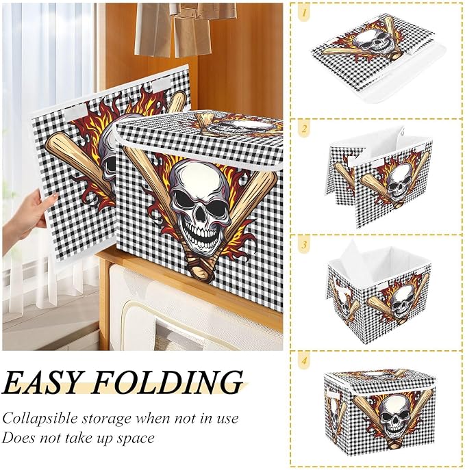 Fabric Storage Bins with Lid Fire Skull Foldable Storage Boxes 40L Baskets | Decorative Storage Boxes, Dust-Proof Flip Top, Reinforced Handles, For Home & Bedroom, Clothes & Toy Box, Skull Fabric Print