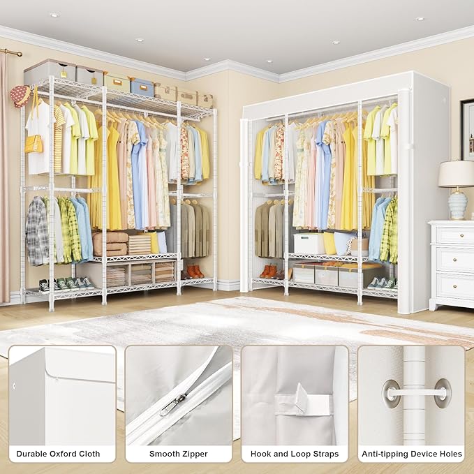 E3C White Clothes Rack with Beige Cover, Heavy Duty Garment Rack | Freestanding Metal Closet System Storage Organizer for Clothing, Clothing Rack Holds up to 850 lbs, 59.5"W x 16.5"D x 77.4"H