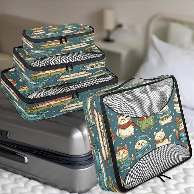 Packing Cubes for Travel, Christmas Winter Cat Travel Luggage Packing Organizers for Women Men, Large Custom Toiletries Bag for Cosmetics Toiletries, Japanese Cat