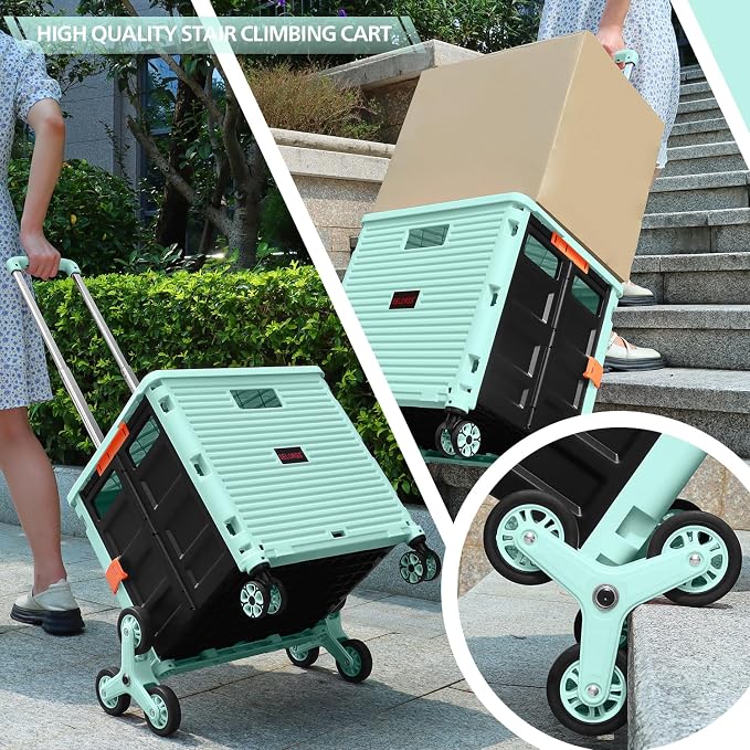 Foldable Utility Cart Collapsible Crate Rolling Carts with Stair Climbing Wheels Rolling Tote Basket Teacher Cart with Lid Wear-Resistant 360°Rotate Wheel Noiseless for Shopping Grocery Office