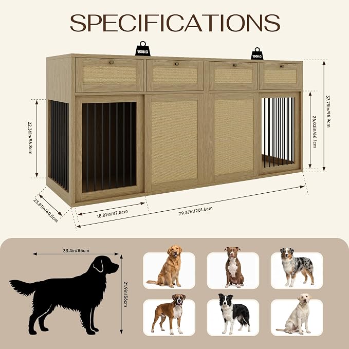 PureCozy 2-Piece Double Dog Crate Furniture, 80 Inch, Light Oak | Left and right kennels for 2 dogs with metal sliding doors, cane cabinets and 4 drawers; furniture-style indoor console.
