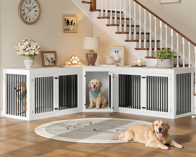 AMERLIFE Dog Crate Furniture for Medium/Large Dogs with Storage and Divider | 3-in-1 Corner Dog Kennel, Space-Saving Heavy Duty Large Cage, White