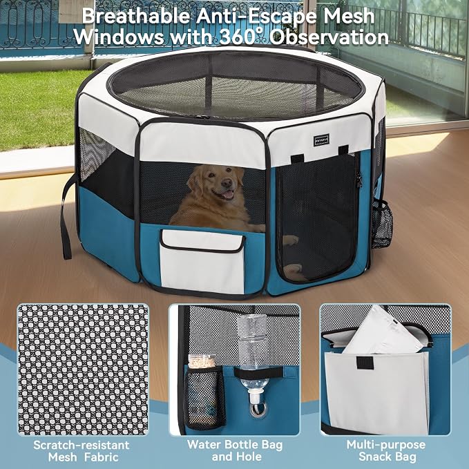 PETSFIT Portable Dog Playpen 45", Removable Waterproof Mat, Zippered Roof | Jump-proof, Collapsible Storage, RV Camping Travel, Indoor Outdoor Use, Large Dogs and Cats, 45.5"L x 45.5"W x 28.5"H