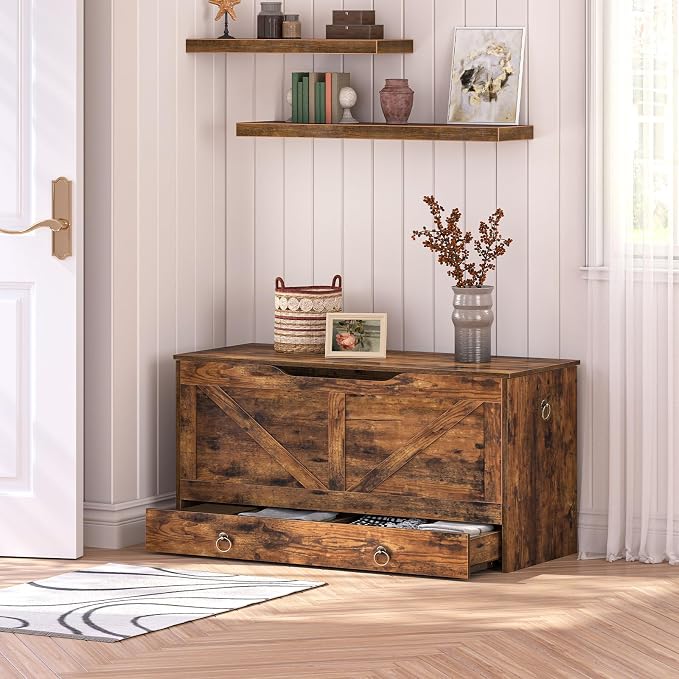 HOOBRO Storage Chest, 39.3" Toy Chest with Drawer, Wooden Storage Bench, Sturdy Entryway Bench Supports 220 lb, Shoe Bench, Safety Hinge, U-Shaped Opening, Easy Assembly, Rustic Brown FG710CW01G2