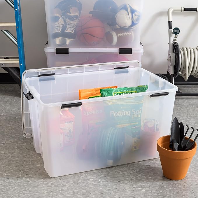 IRIS USA 3-Pack 156 Qt Storage Bins with Gasket Lids, Clear/Black | WeatherPro seal helps protect bulky items for moving, garage, attic and basement storage