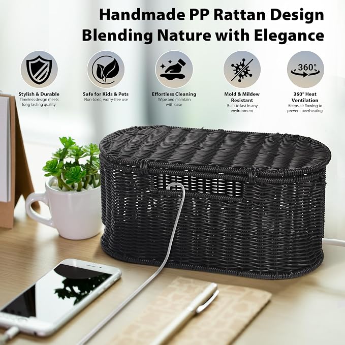 Oval Rattan Style Cable Management Box, Cable Organizer Button Loop Closure