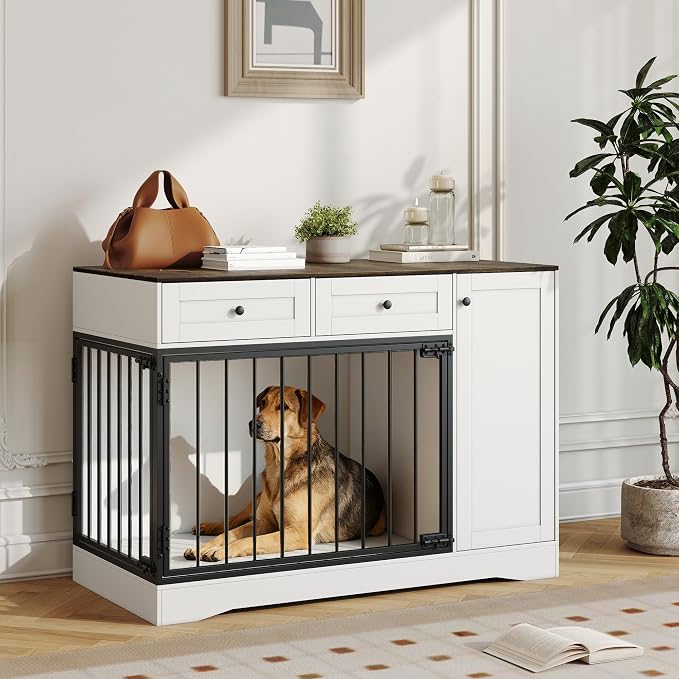 Garvee 47" Farmhouse White Dog Crate Furniture Modern Dog Kennel End Table | with Double Doors, 2 Drawers & Storage Cabinet End Table, TV Stand & Buffet Cabinet for Pet Small Medium Dogs