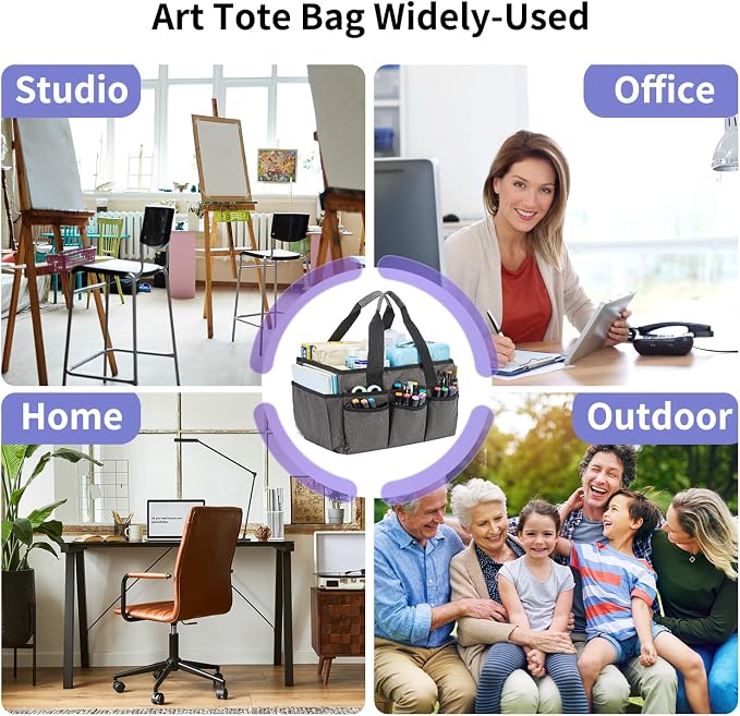 Craft Organizer Tote Bag, Art Storage Caddy with Multiple Pockets | Art Supplies Storage, Sewing Bag, Scrapbooking for School, Home and Office (Grey)