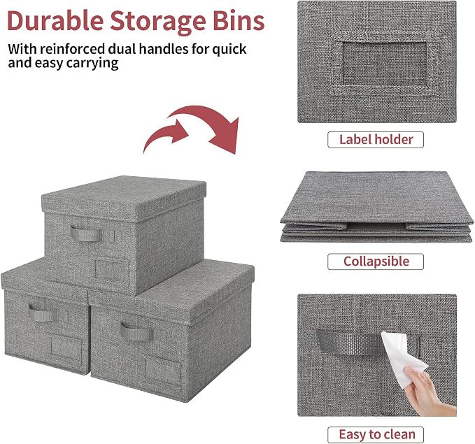 GRANNY SAYS Storage Bins with Lids, Decorative Storage Boxes with Lids | Storage Box with Dust Cover, Handles & Lable, Collapsible, Ideal for Closet Clothes Blanket Toys, Medium, Dark Gray, 3-Pack