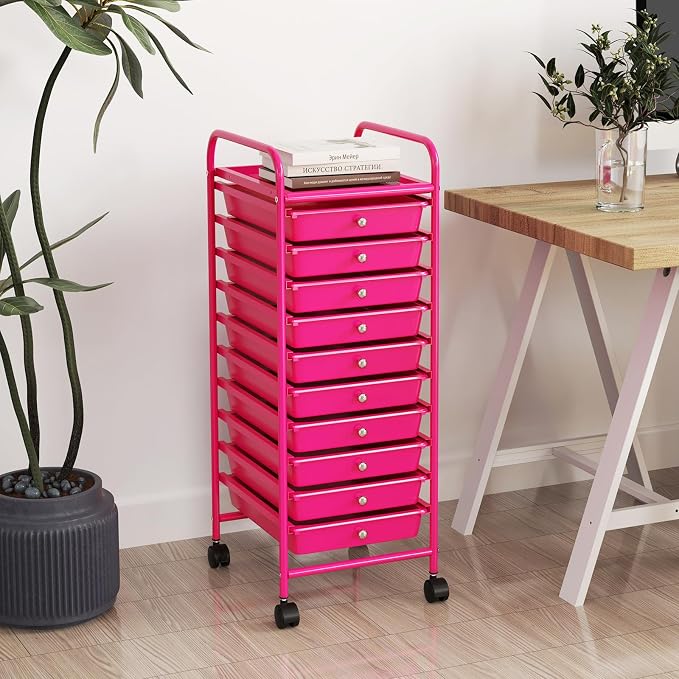 10 Drawer Rolling Storage Cart, Organization Cart on Drawers for Craft Makeup Paper Tool Art Supply, Versatile Utility Cart on Wheels for Home Office Classroom School (Hot Pink)