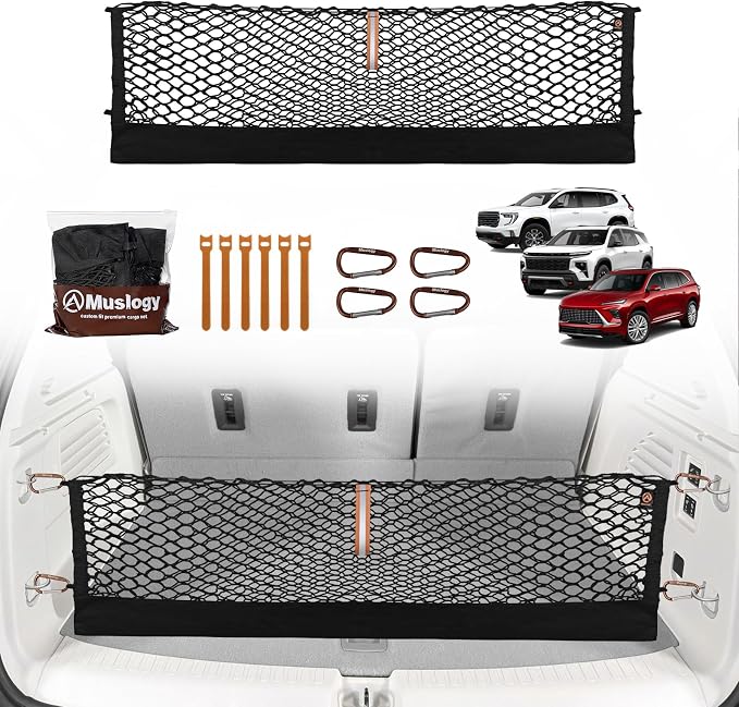 Muslogy Cargo Net for 2024-2026 GMC Acadia, Chevy Traverse, 2025+ Enclave | Custom Fit, Trunk Storage Organizer Net for SUV Sedan Van Divider, with Heavy Duty Carabiners, Night Visible Grab Handle