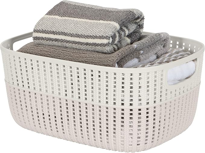 Simplify 4 Pack 2 Tone Sailor Knot Plastic Storage Tote | Decorative Basket | Closet Organization | De-clutter | Accessories | Toys | Bathroom Organization | Large | Ivory