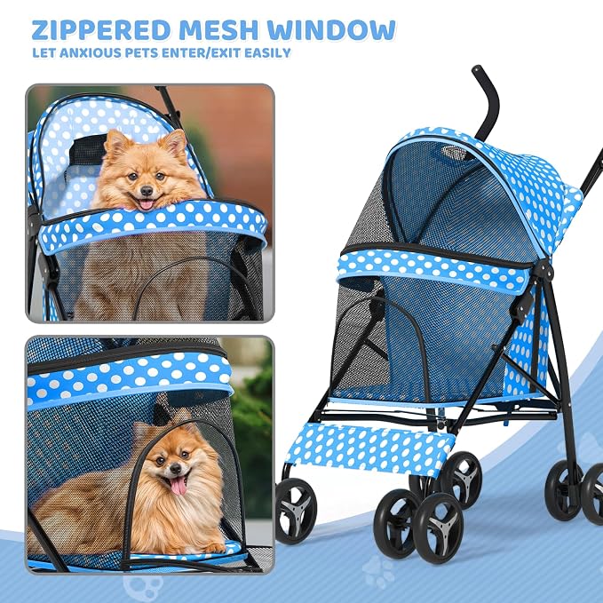 Magshion Compact Fold Pet Travel Stroller for Small Dogs Cats | Up to 22lbs, 4-Wheel Lightweight Umbrella Shaped Design, Safety Tethers, Breathable Mesh, Cup Holder & Rear Storage
