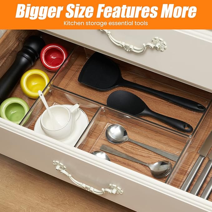 6 Pcs Large Size Clear Drawer Organizer Set, Acrylic Non Slip Non Cracking Kitchen Drawer Storage Tray Divider, Multifunctional Storage for Cosmetics, Bathroom, Tools, Kitchen and Office