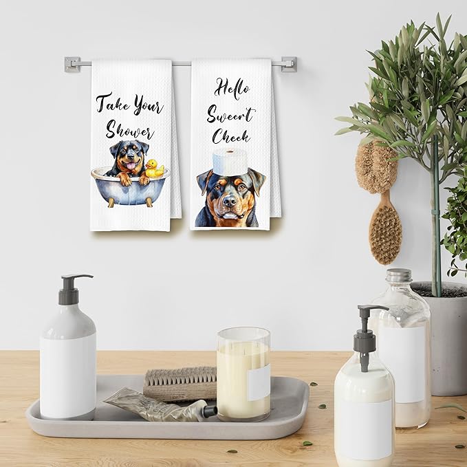 Funny Rottweiler Hand Towels for Bathroom Washroom, Dog Bathroom Decor, Rottweiler Gifts for Women Men, Humorous Dog Hand Towels, 16x24 Inch Set of 4