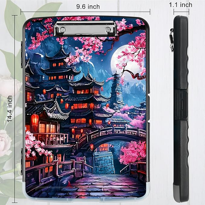 Cherry Blossom House A4 Clipboard with Storage Pen Holder, Clipboards Organizer Nursing Clipboard Foldable File Folder Plastic Clipboard Folio Clip Board for Office Students Classroom