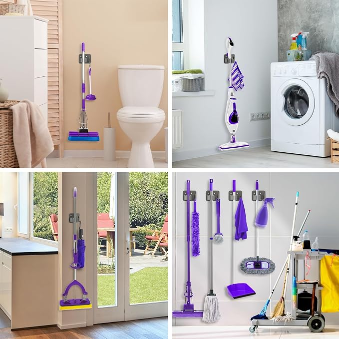 Broom Holder Wall Mount Rack, 304 Stainless Steel Mop and Tool Organizer | Drill-Mounted Gripper Rack Holds Brooms, Mops and Garden Tools Safely in the Laundry Room, Kitchen, Garage, Garden and Shed