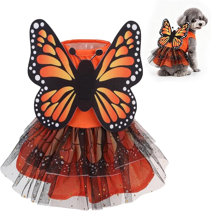 Dog Halloween Dress Costume in Non-Woven Tulle & Butterfly Wings | Puppy Clothes with Detachable Wings - Vest Princess Skirt for Small Medium Dogs Cats, Holiday Birthday Cosplay Pet Apparel XS