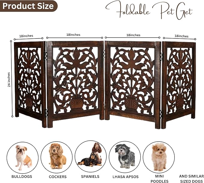 Lightnpro 4-Panel Wooden Dog Gate – 72 Inch Extra-Wide Foldable Freestanding Pet Barrier, Rustic Burnt Finish Indoor Safety Fence for Small Dogs & Puppies – 24x18 Inch Panels
