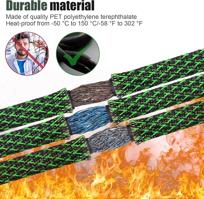 Tatuo 151 ft Braided Cable Sleeve Expandable Wire Sheathing(Green, Black) | with 120 Heat Shrink Tubing 1/4 in 2/5 in 1/2 in 3/4 in Wire Sleeve Cord Management for Television Audio Computer Video Pets
