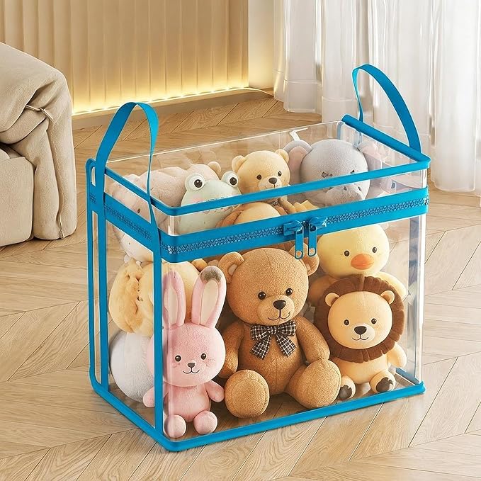 Fenteer Toy Storage Box Plush Toy Holder Stuffed Animal Organizer Clear PVC Display Bin with Secure Zipper Handle Dust Protection Easy Handling Suitable for L, L 38cmx24cmx32cm