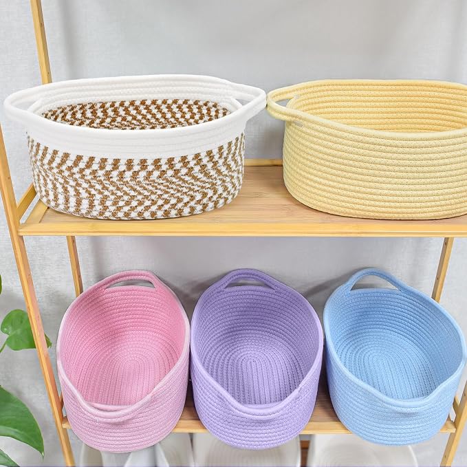 ABenkle Small Basket with Handles, Boho Decorative Rope Woven Dog Cat Toy Storage Bin Shelf Storage Organizer, Easter Christmas Gift Basket, 12"x8"x5"