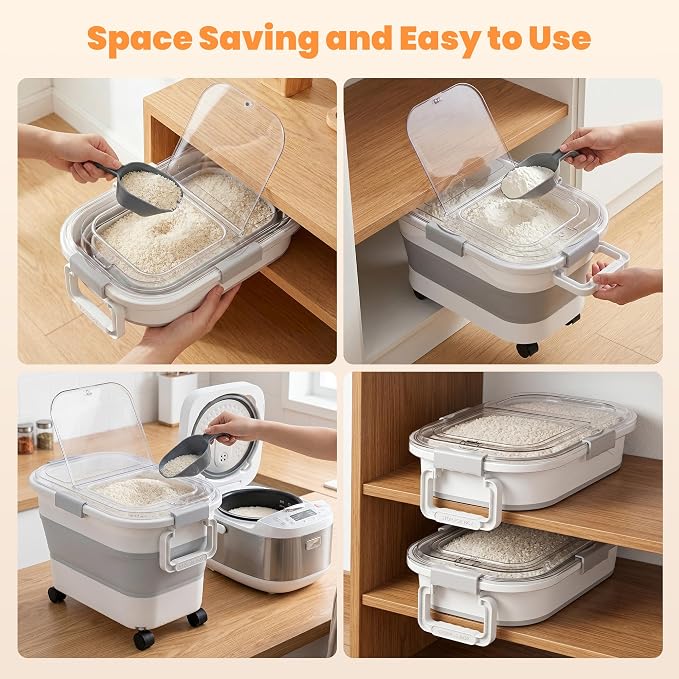 30 Lbs Rice Container, Collapsible Dog Food Storage Container | Airtight Cat Food Container with Wheels, Transparent Lid, Measuring Cup, Scoop and Handle, BPA Free for Pet Food, Bird Seed