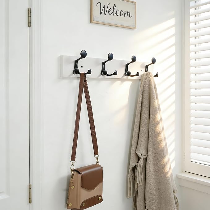 SKOLOO 24-Inch White Wood Coat Rack Wall Mount with 4 Triple Hooks - Ideal for Family Entrances, Classrooms, and Pet Supplies Storage - Perfect Coat Hooks for Wall, Pack of 2