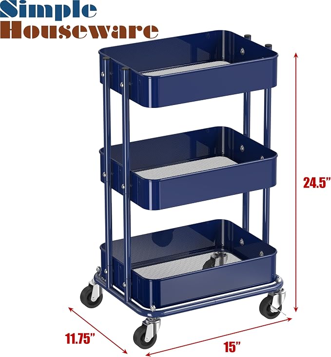 Simple Houseware 3-Tier Utility Cart, Low 24" Height Fits Under Desk, Navy | Compact & Lower Height Great for Under-Desk Space-Saving Storage for Home Office, Dining Room, or Kitchen