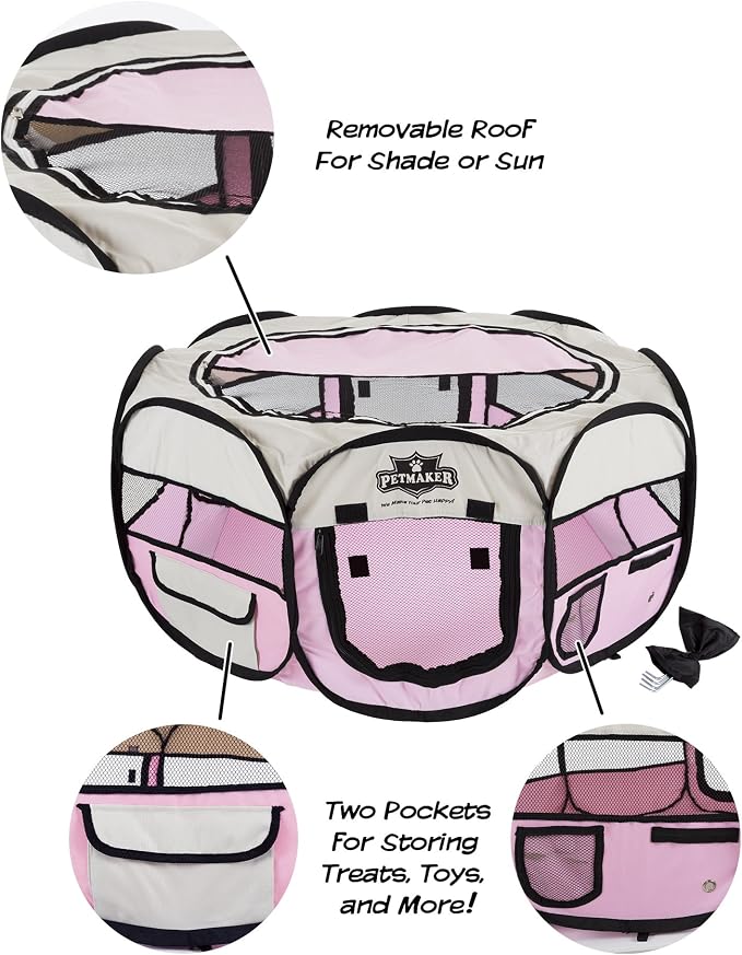 Portable Puppy Playpen - Small Pop-Up Play Yard for Pets Up to 25lbs with Mesh Windows, 2 Pockets, Zippered Roof, and Carry Bag by PETMAKER (Pink)