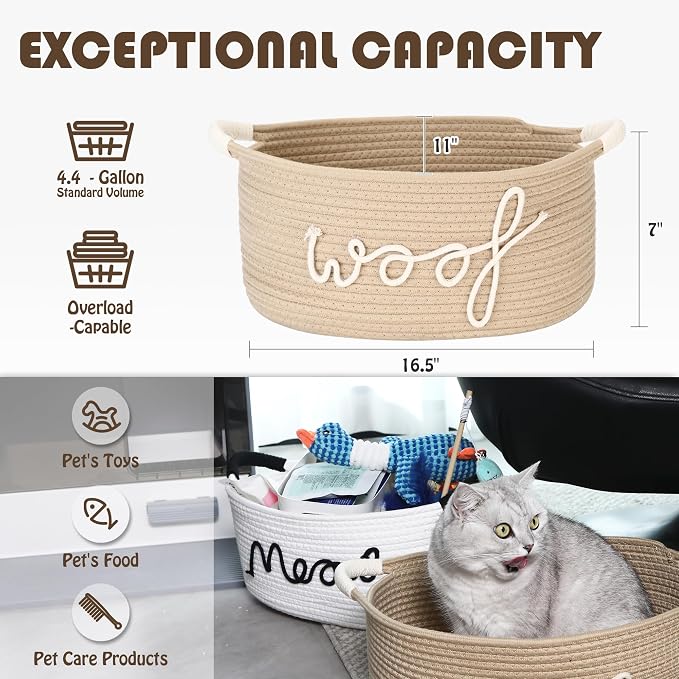 Sea Team Dog Toy Storage Basket with Handles, Beige Woof | Large Cotton Rope Storage Bin, Shelf Basket, Organizer for Pet Chew Toys, Foods, 16.5 x 11 x 7 Inches, 4.4 Gallons