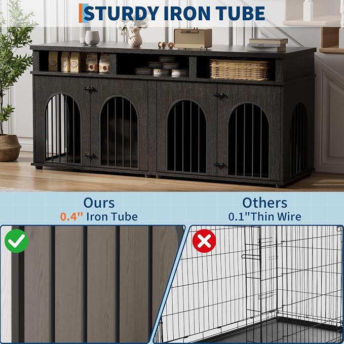 Garvee Double Dog Crate Furniture 71 in Dog Kennel Furniture for 2 Medium Dogs, Heavy Duty Dogs Cage XL Dogs House Indoor with 3 Storage Shelves, Large Puppy Crates with 8 Adjustable Feet