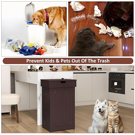 Function Home Trash Can Cabinet, 13 Gallon Kitchen Garbage Can, Wood Recycling Trash Bin, Freestanding Dog Proof Trash Can, Farmhouse Trash Cabinet with Lid for Home Kitchen Bathroom, Coffee