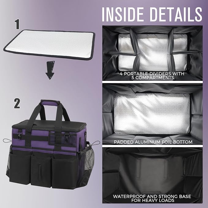 SCAVATA Rolling Cleaning Caddy Bag with Detachable Trolley, Large Cleaning Supplies Organizer with Wheels, Multi Pocket Cleaning Cart with Adjustable Shoulder Strap for Housekeeper & Home, GrapePurple