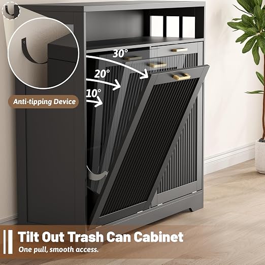 13 Gallon Double Tilt Out Trash Can Cabinet with Open Shelf & Storage - Pet Proof Hidden Recycling Cabinet & Wooden Laundry Hamper for Kitchen, Bathroom, Living Room, Black
