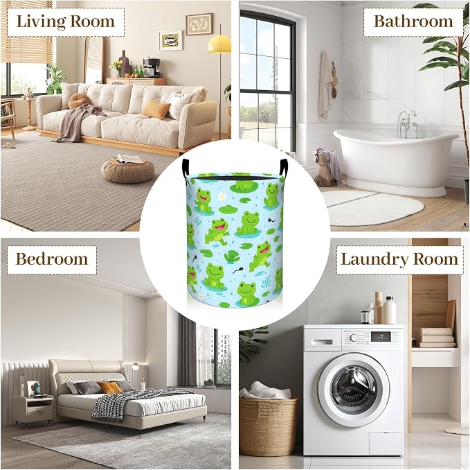 Cute Frog Laundry Basket, Cartoon Frogs Lily Foldable Oxford Cloth, Waterproof Dirty Clothes Hamper with Handles, Clothing Storage Bin Toy Organizer for Bedroom Dorm Bathroom, 19.7"x15.7"