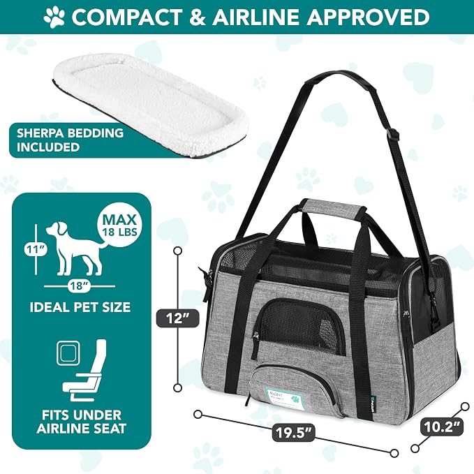 PetAmi Airline Approved Pet Carrier for Cats Small Dogs, Large Heather Gray | Soft Sided TSA Travel Bag, Sherpa Bed, Breathable Mesh Ventilation, Collapsible Bowl, Fits Under Seat, Up to 18 lbs
